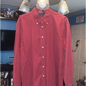 Tommy Hilfiger mens button down dress shirt, red plaid
